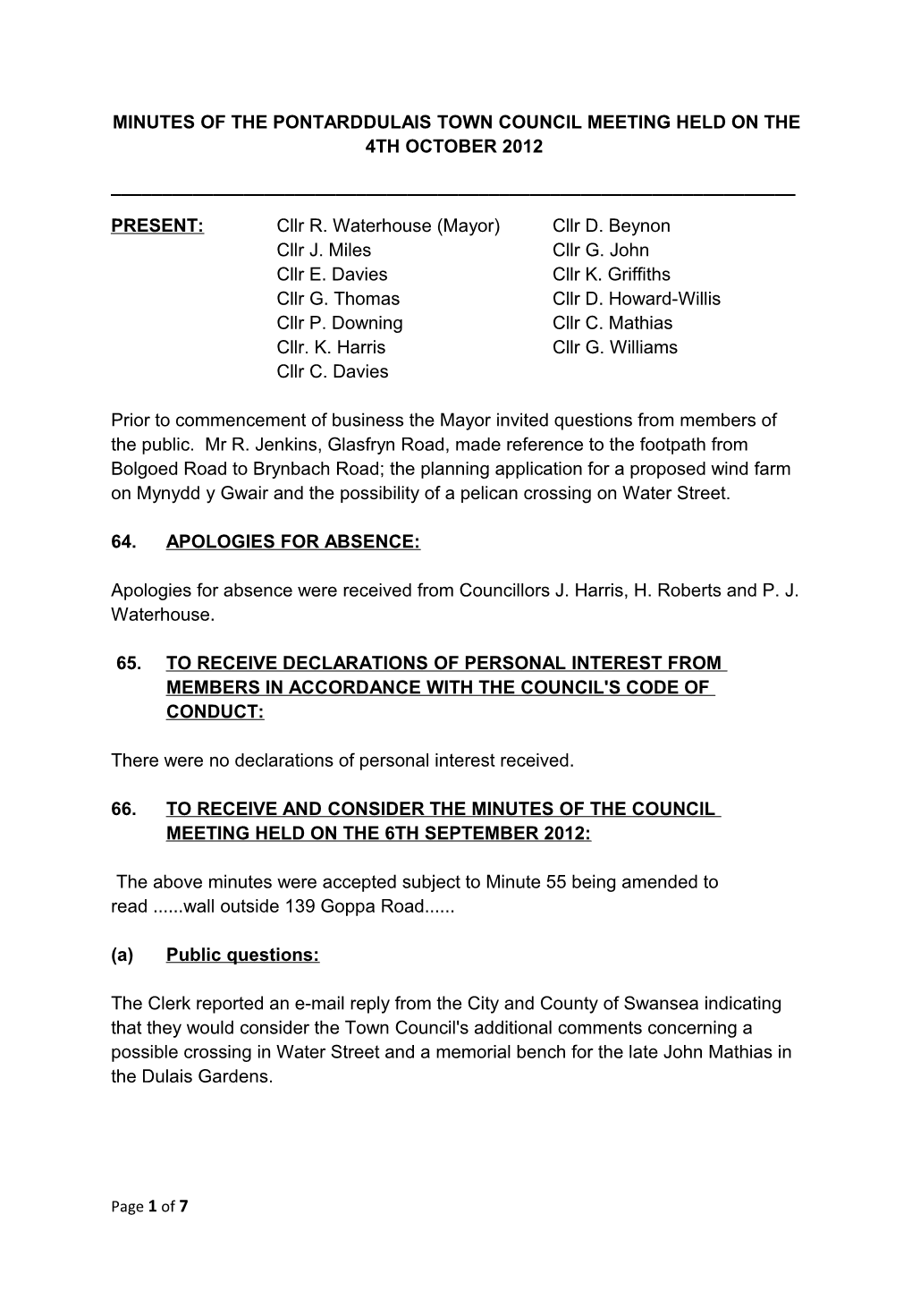 Minutes of the Pontarddulais Town Council Meeting Held on the 4Th October 2012