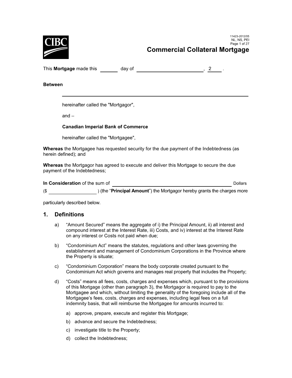 Commercial Collateral Mortgage (11423 NL, NS, PEI-2012/05)