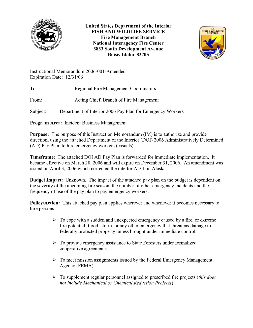 Instructional Memorandum 2006-001-Amended