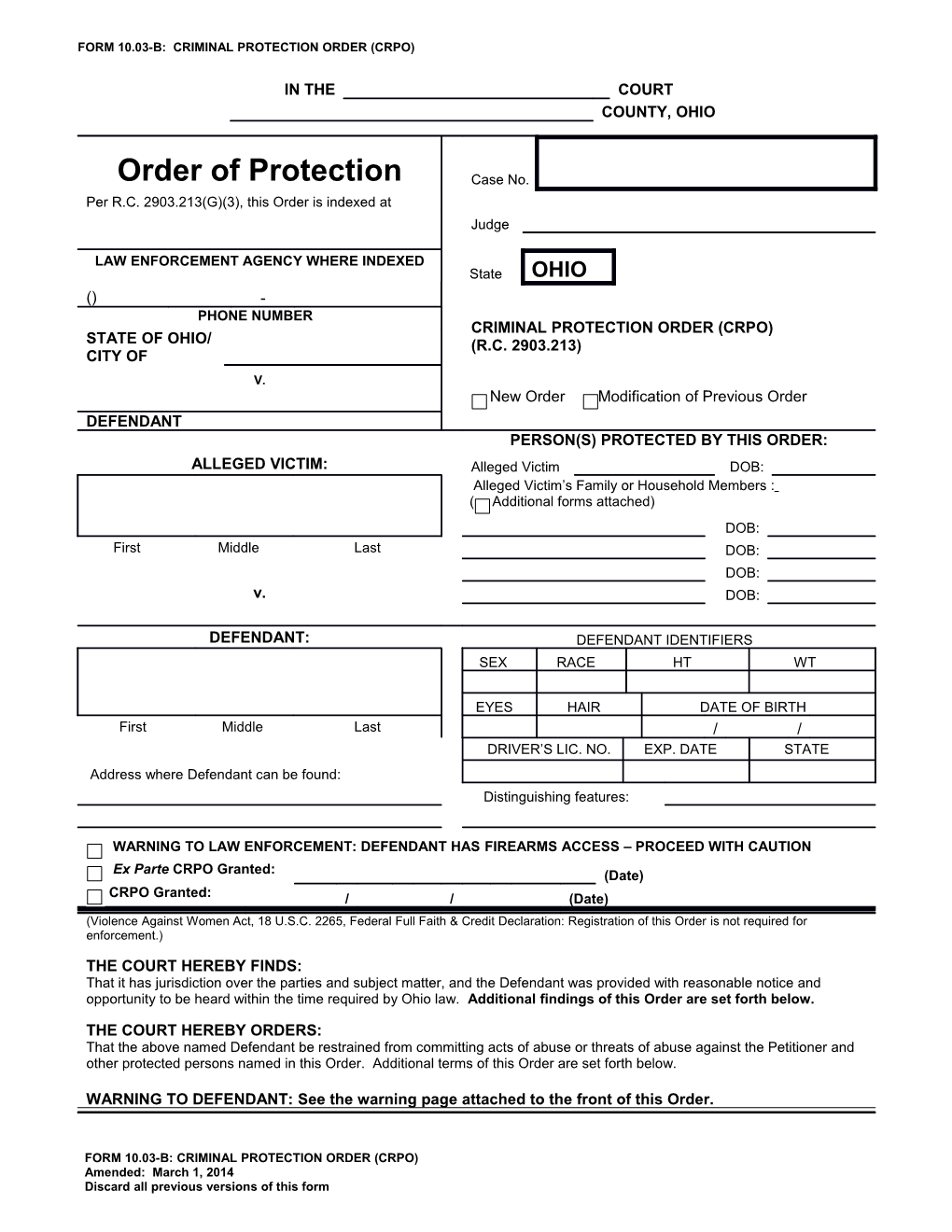 Form 10.03-B:Criminal Protection Order (Crpo)