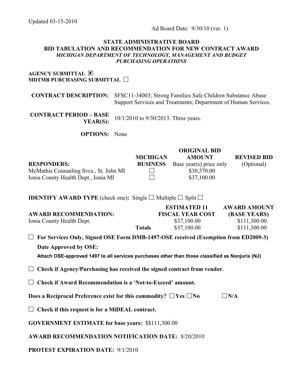 Bid Tabulation and Recommendation for Award