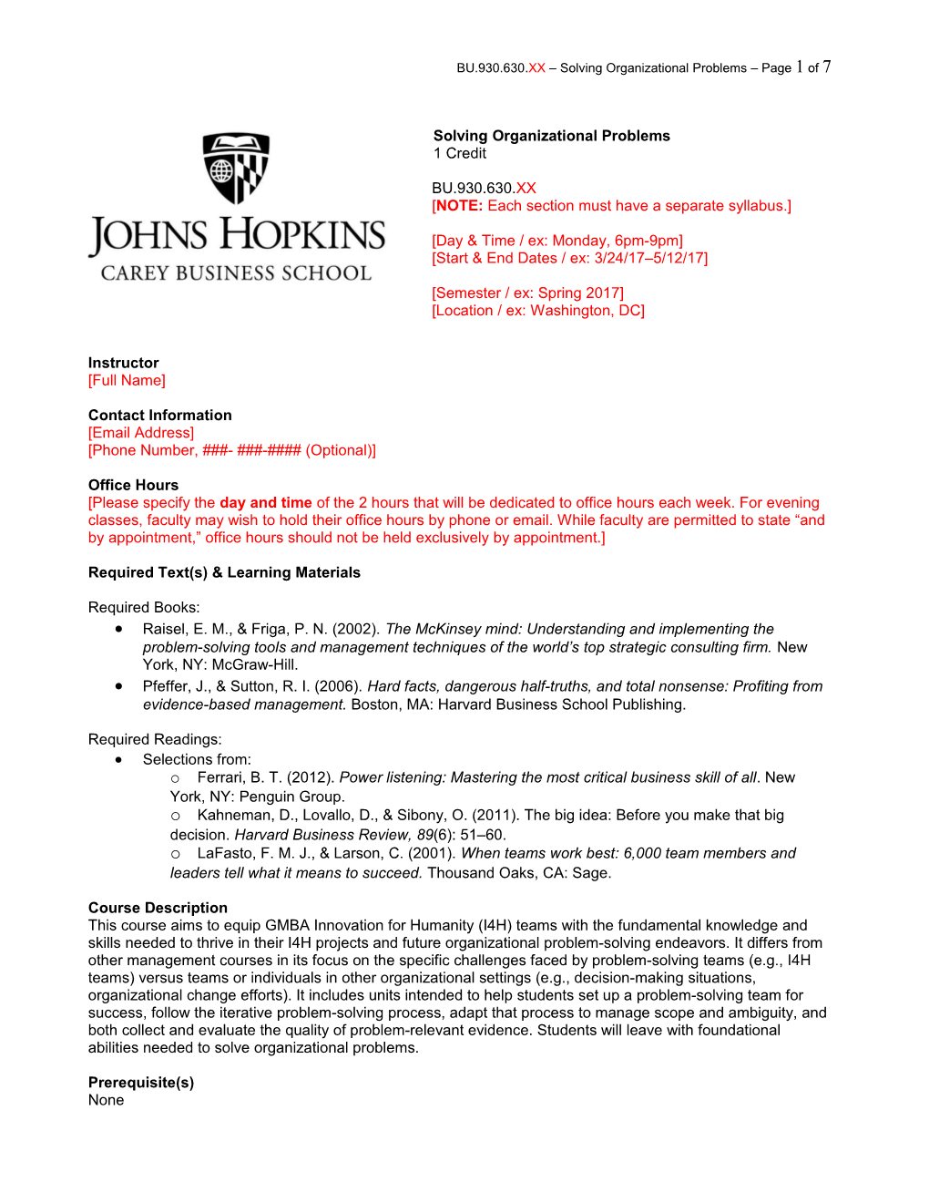 BU.930.630.XX Solving Organizational Problems Page 1 of 6