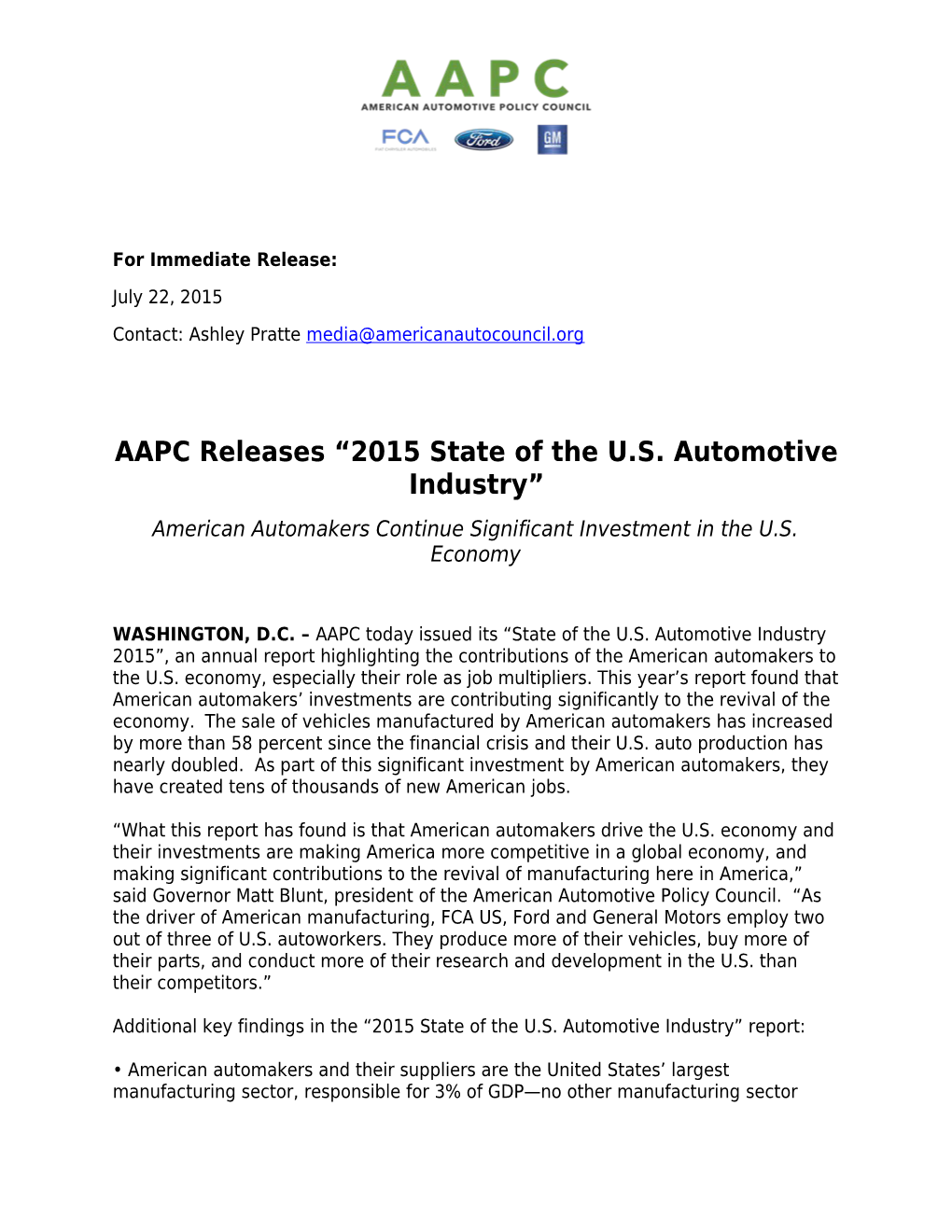 AAPC Releases 2015 State of the U.S. Automotive Industry