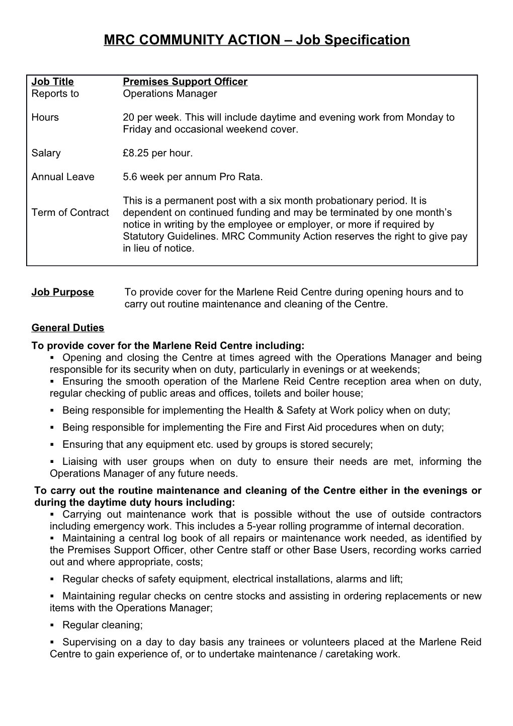 MRC COMMUNITY ACTION Job Specification