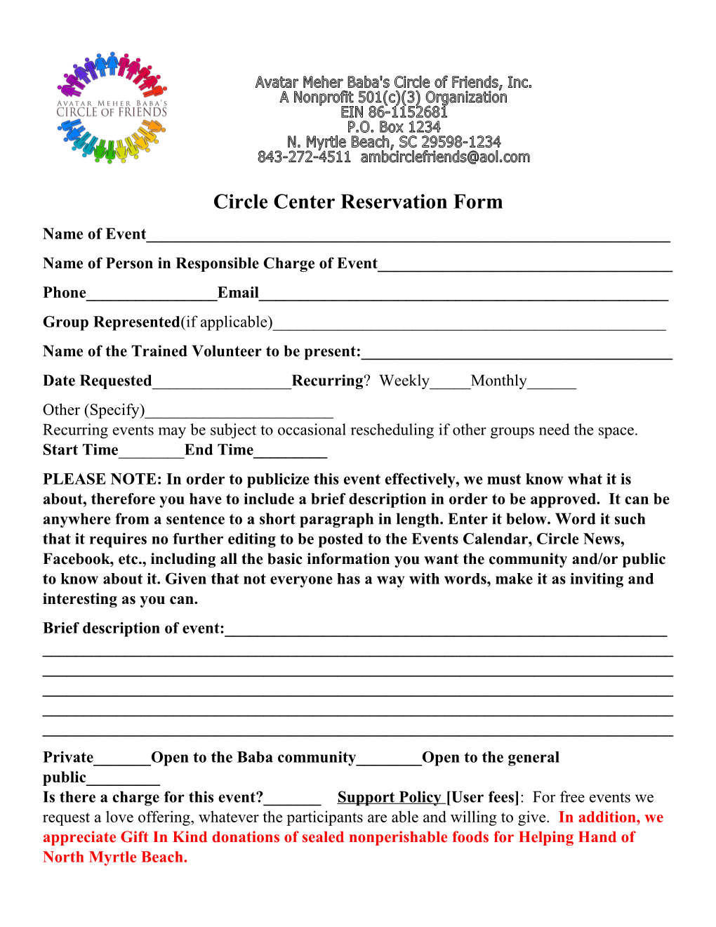 Circle Center Reservation Form