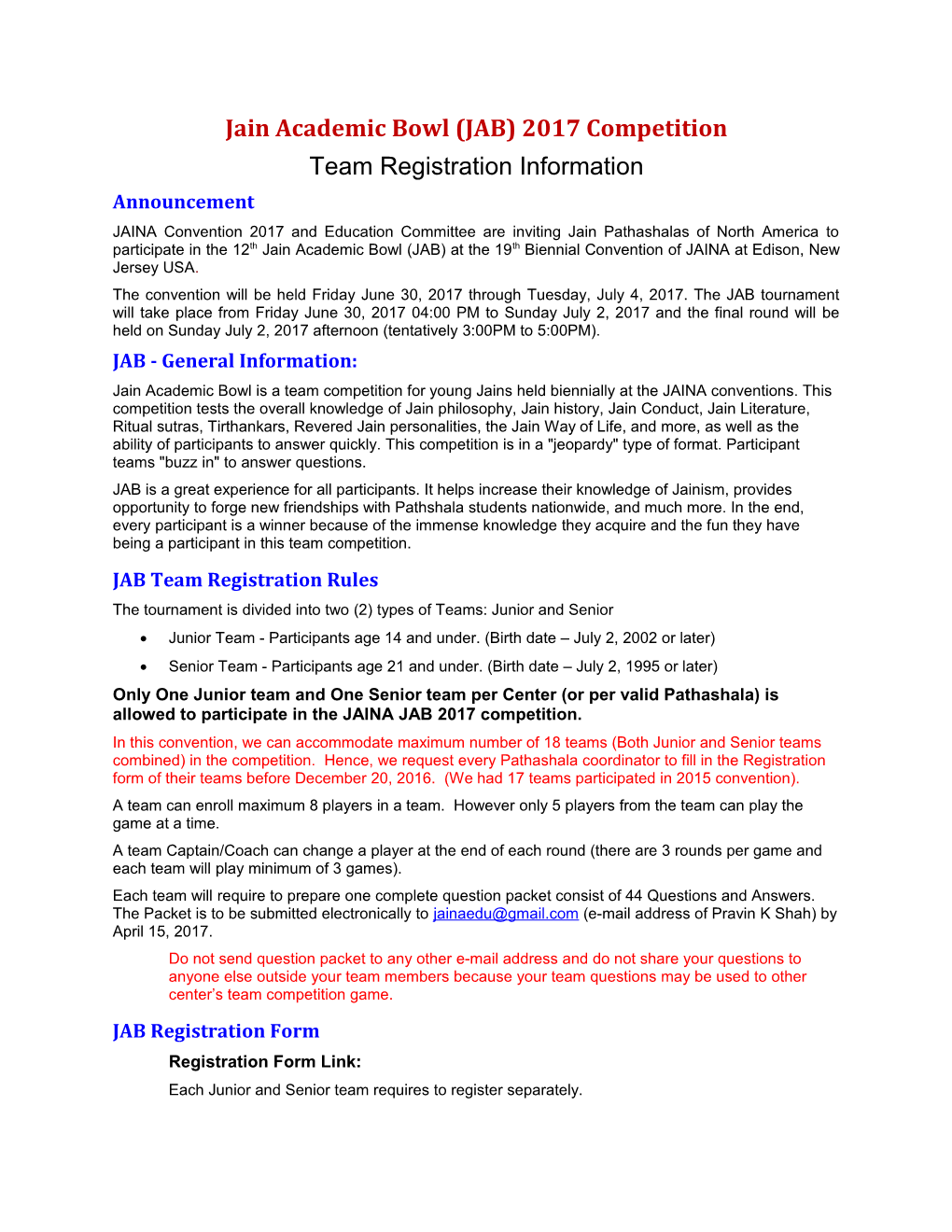 JAB Registration Information
