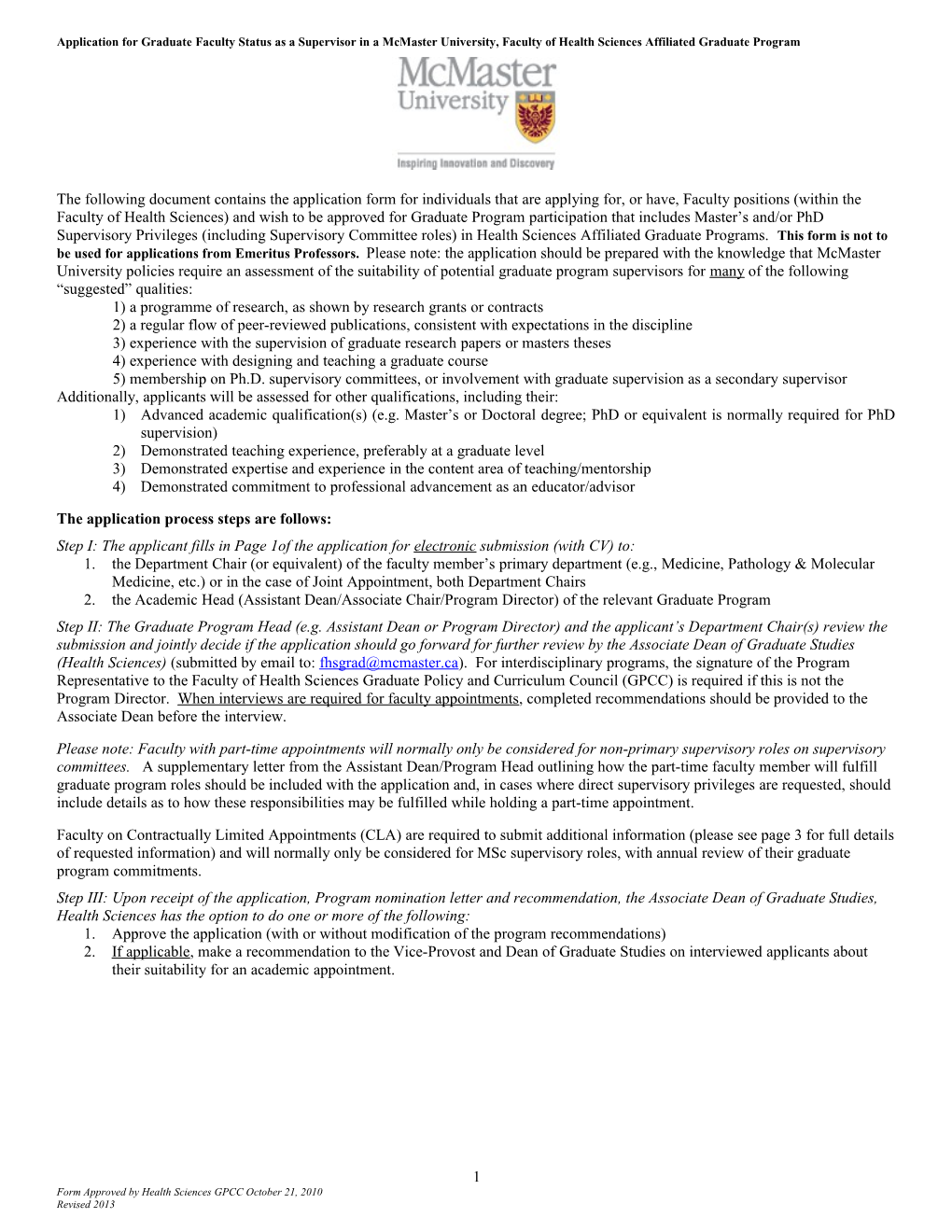 Application for Graduate Faculty Status As a Supervisor in a Mcmasteruniversity, Faculty