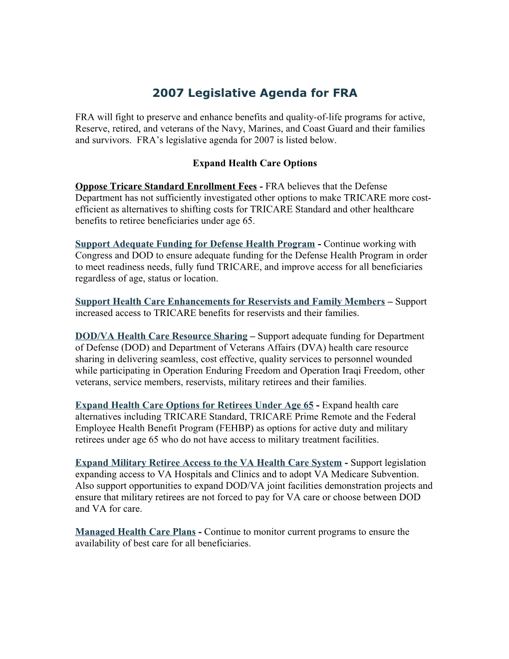 FRA's 2006 Legislative Agenda