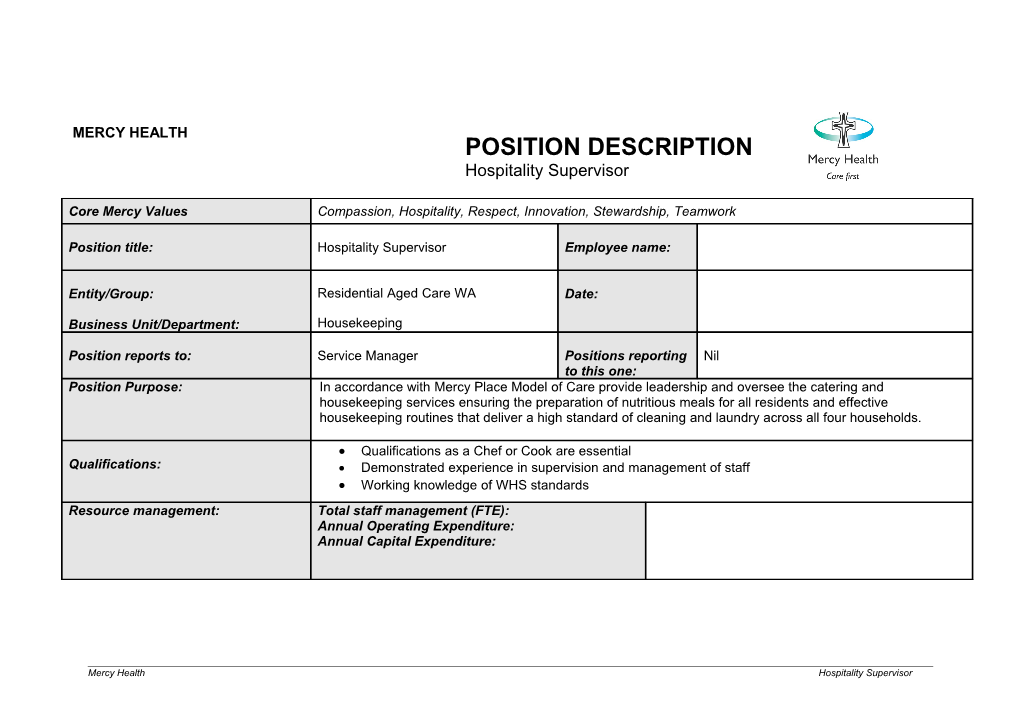 Position Description Catering Manager