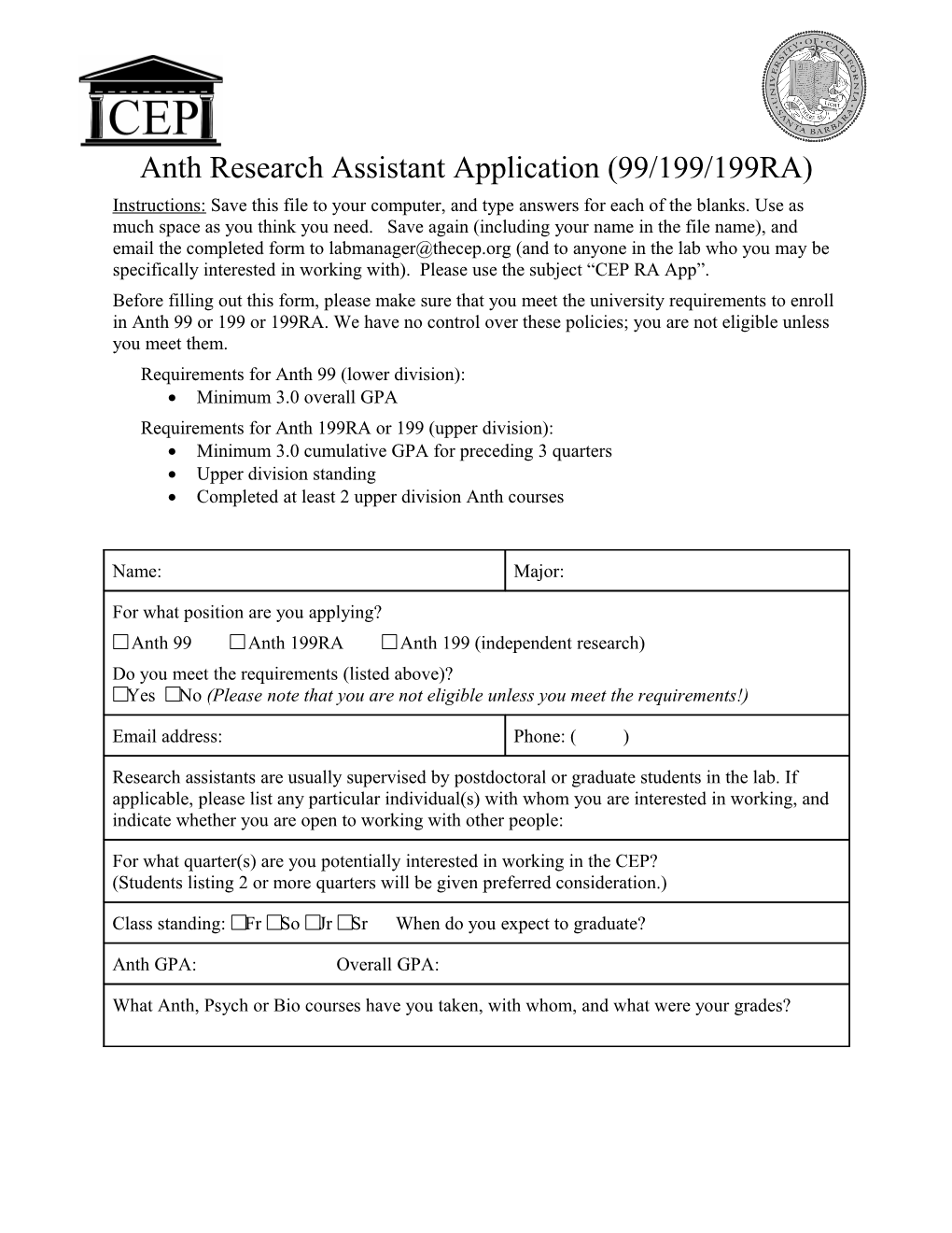 Anthresearch Assistant Application (99/199/199RA)