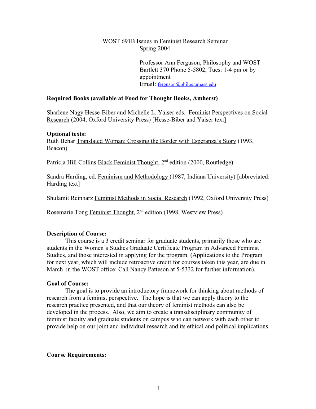 WOST 691B Issues in Feminist Research Seminar