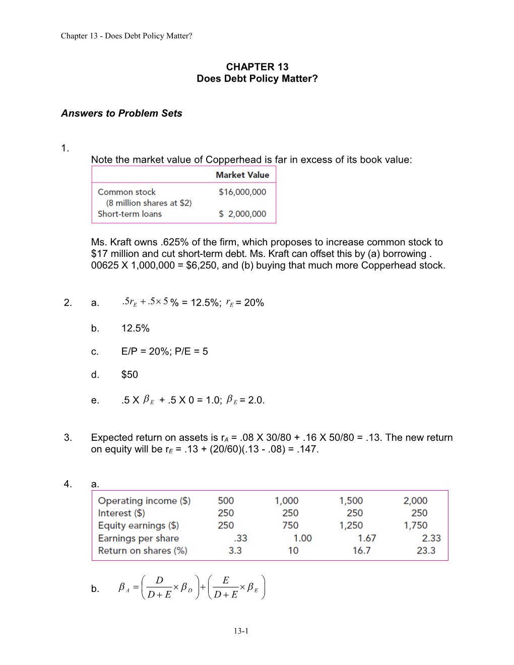 Chapter 13 - Does Debt Policy Matter?