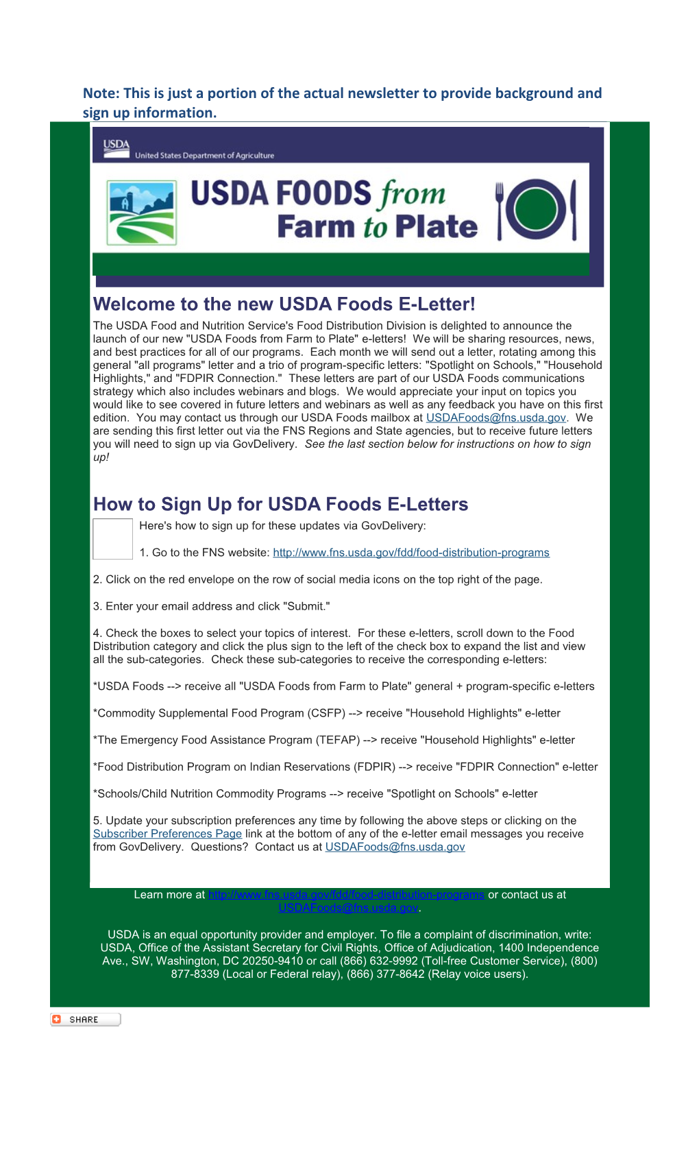 Welcome to the New USDA Foods E-Letter!