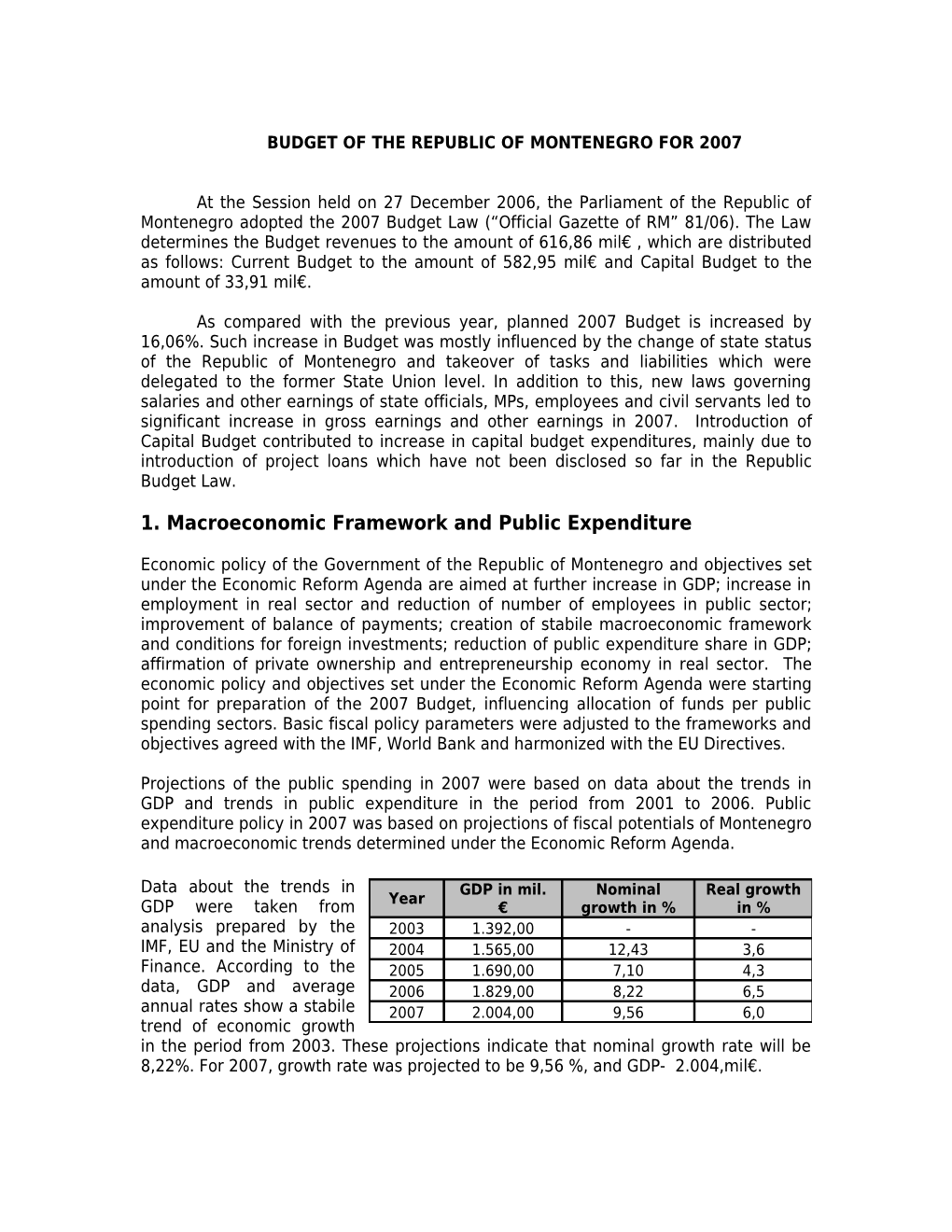 Budget of the Republic of Montenegro for 2007