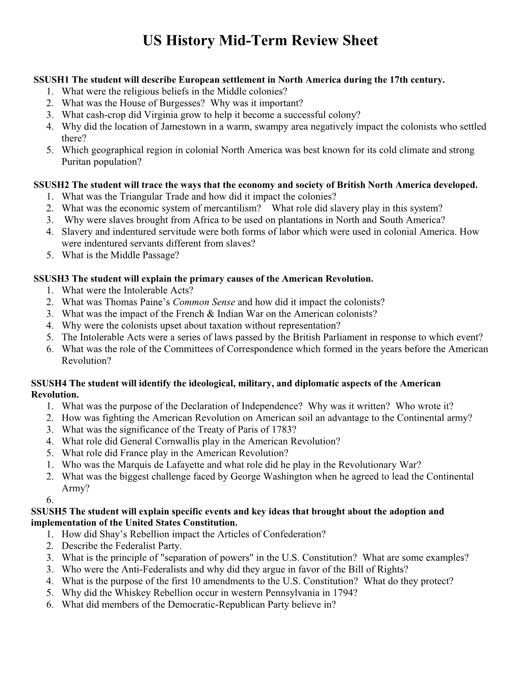 US History Mid-Term Review Sheet