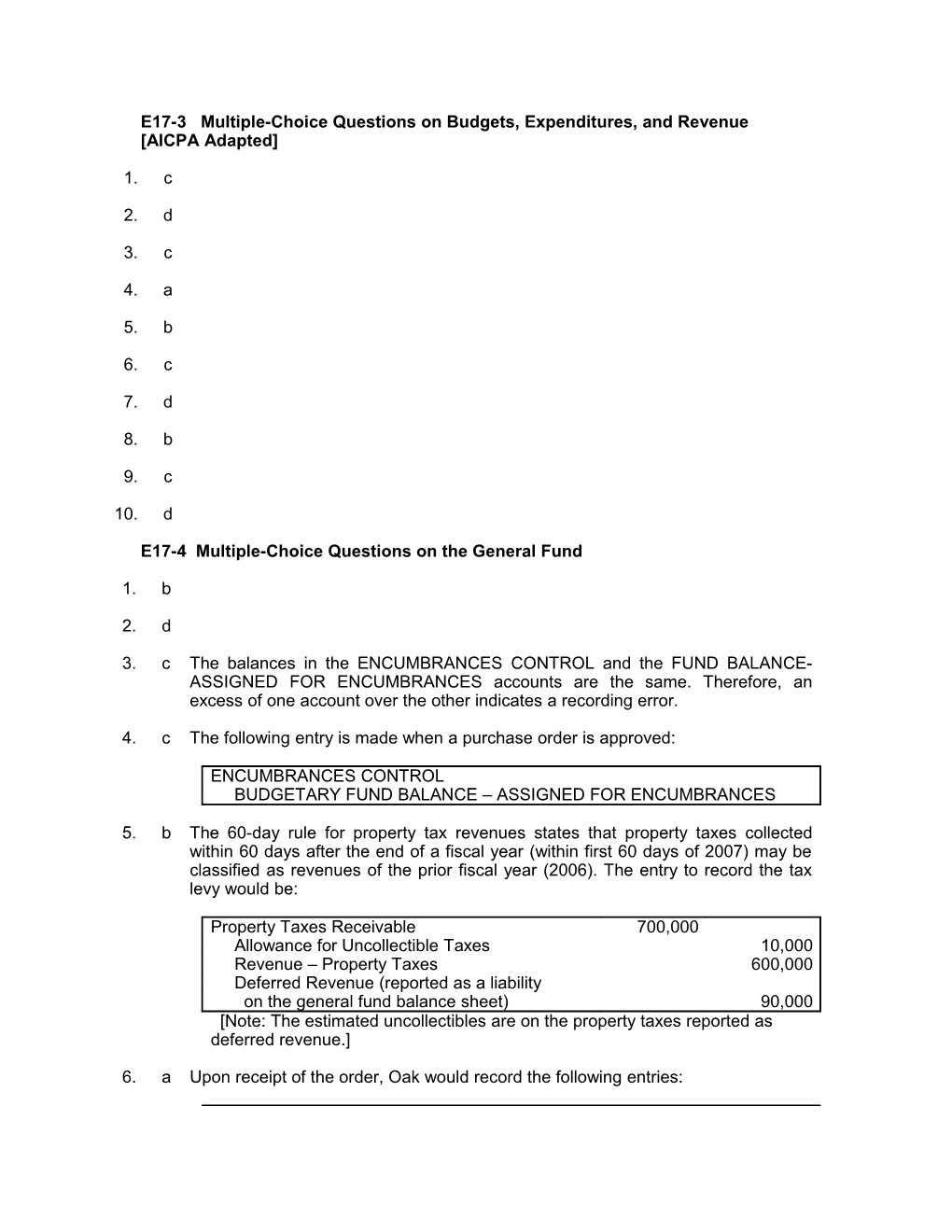 E17-3 Multiple-Choice Questions on Budgets, Expenditures, and Revenue AICPA Adapted