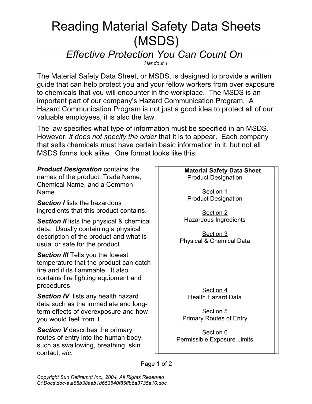 Reading Material Safety Data Sheets (MSDS)