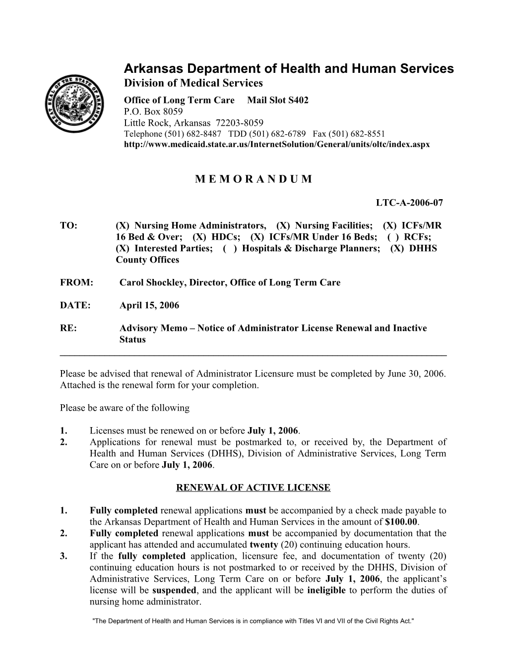Nursing Home Administrator Licensure Renewal Notice