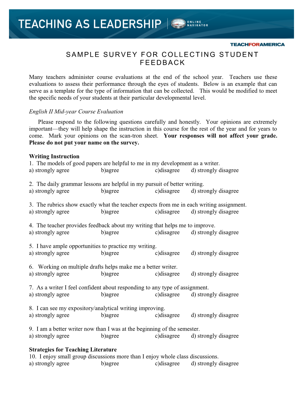 Sample Survey for Collecting Student Feedback