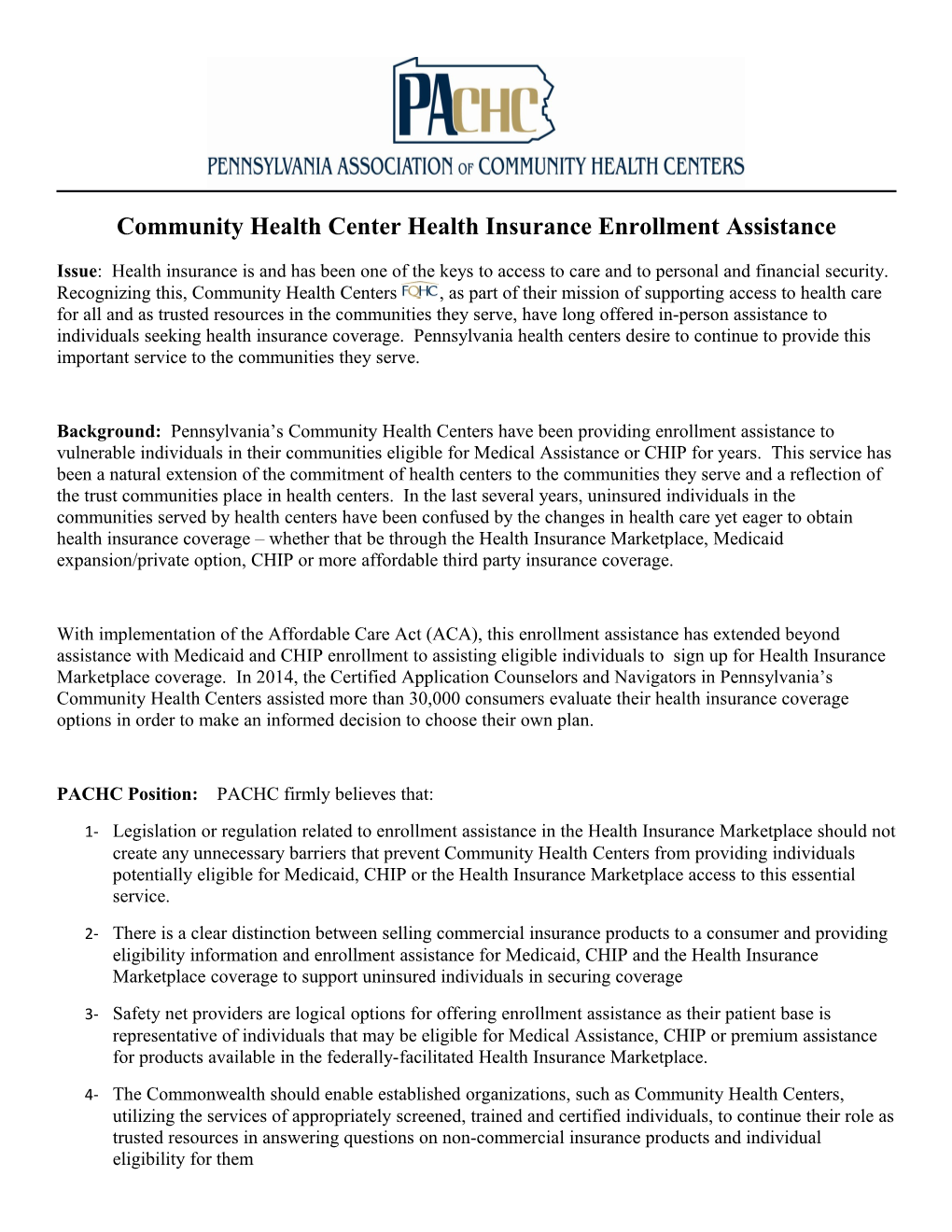 Community Health Center Health Insurance Enrollment Assistance