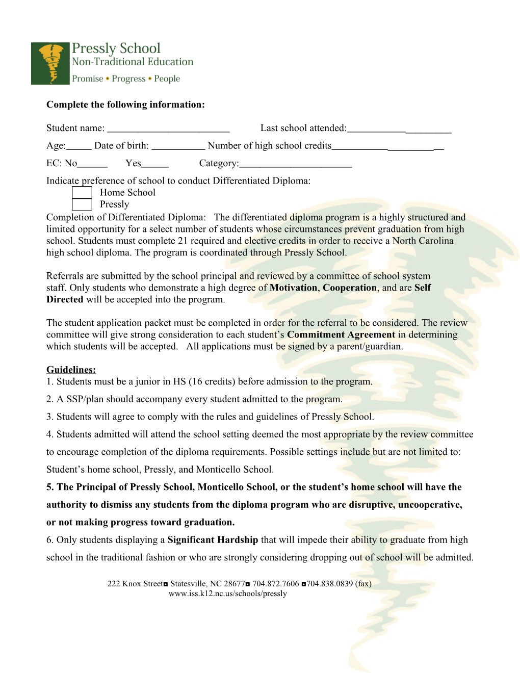 Pressly School Student Handbook Agreement