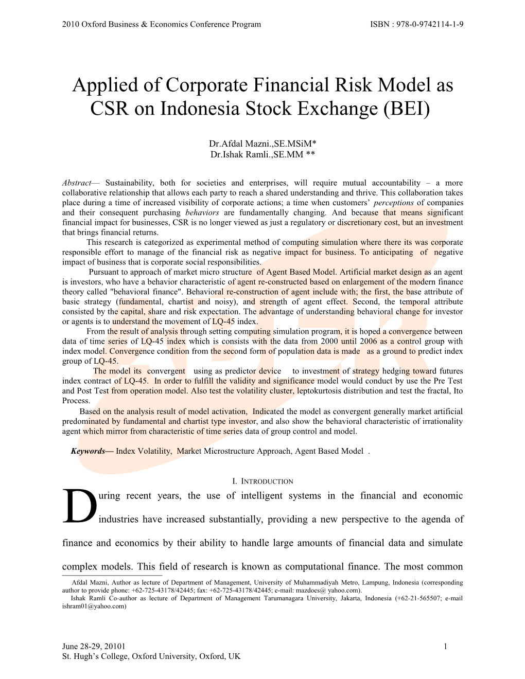 Applied of Corporate Financial Risk Model As CSR on Indonesia Stock Exchange (BEI)