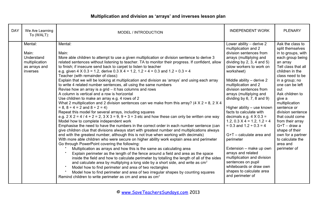 Multiplication and Division As Arrays and Inverses Lesson Plan