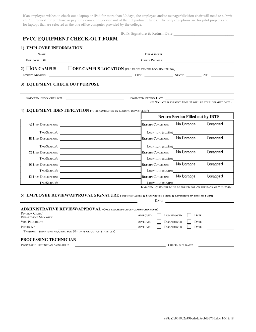 Pvcc Equipment Check-Out Form