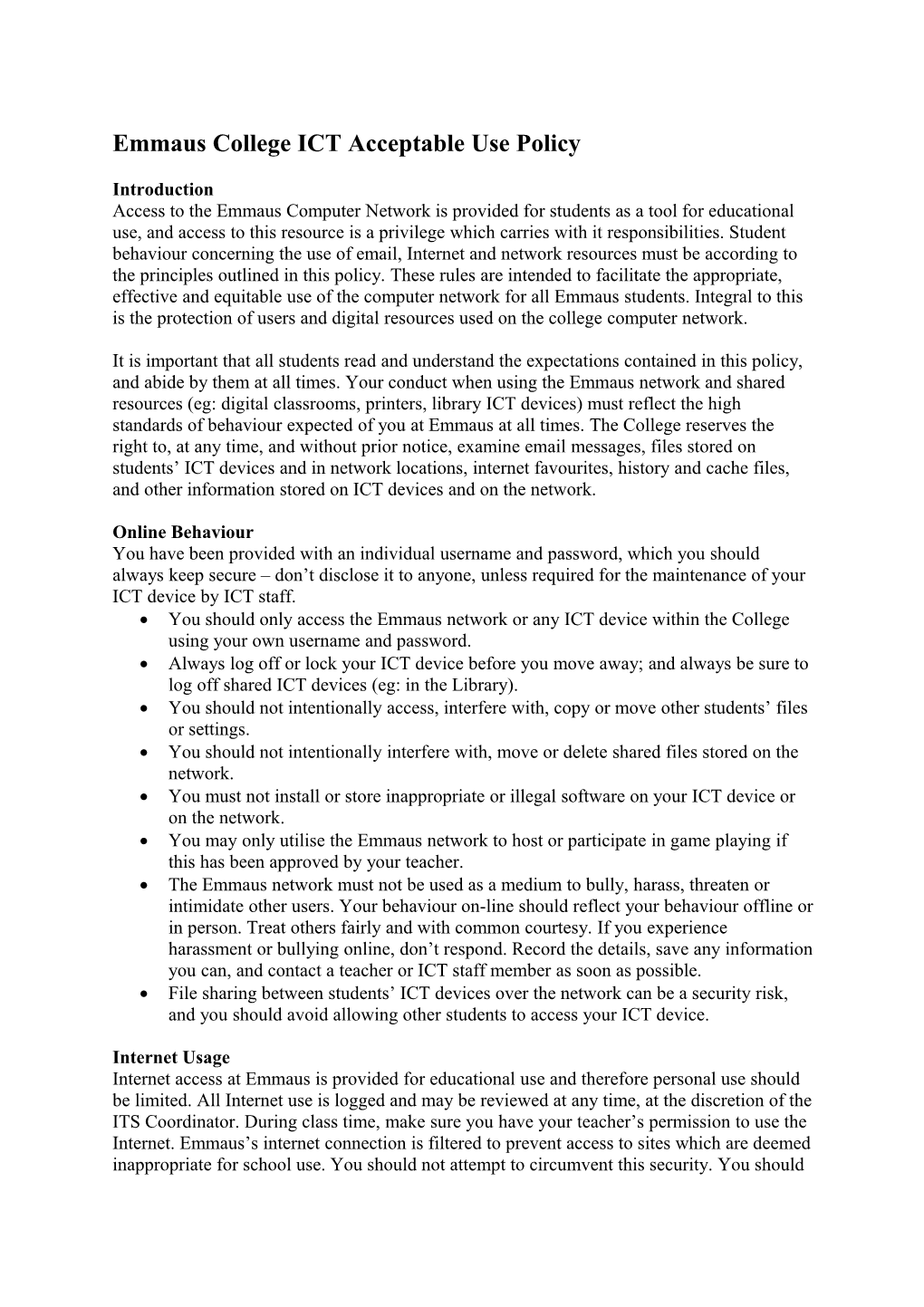 Emmaus College ICT Acceptable Use Policy