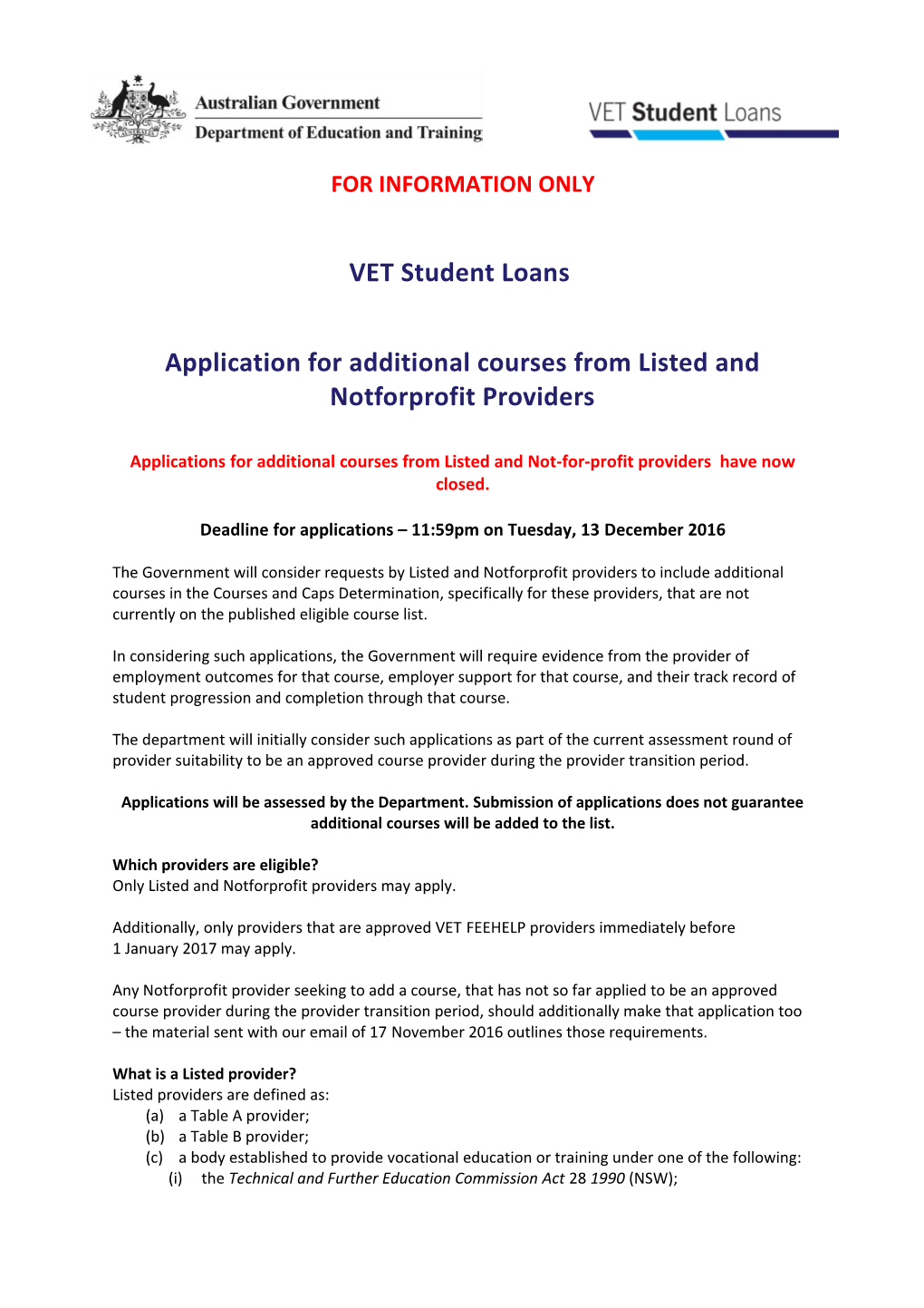 Application for Additional Courses from Listed and Notforprofit Providers