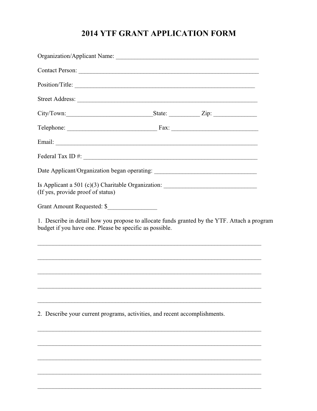 2012 Ytf Grant Application Form