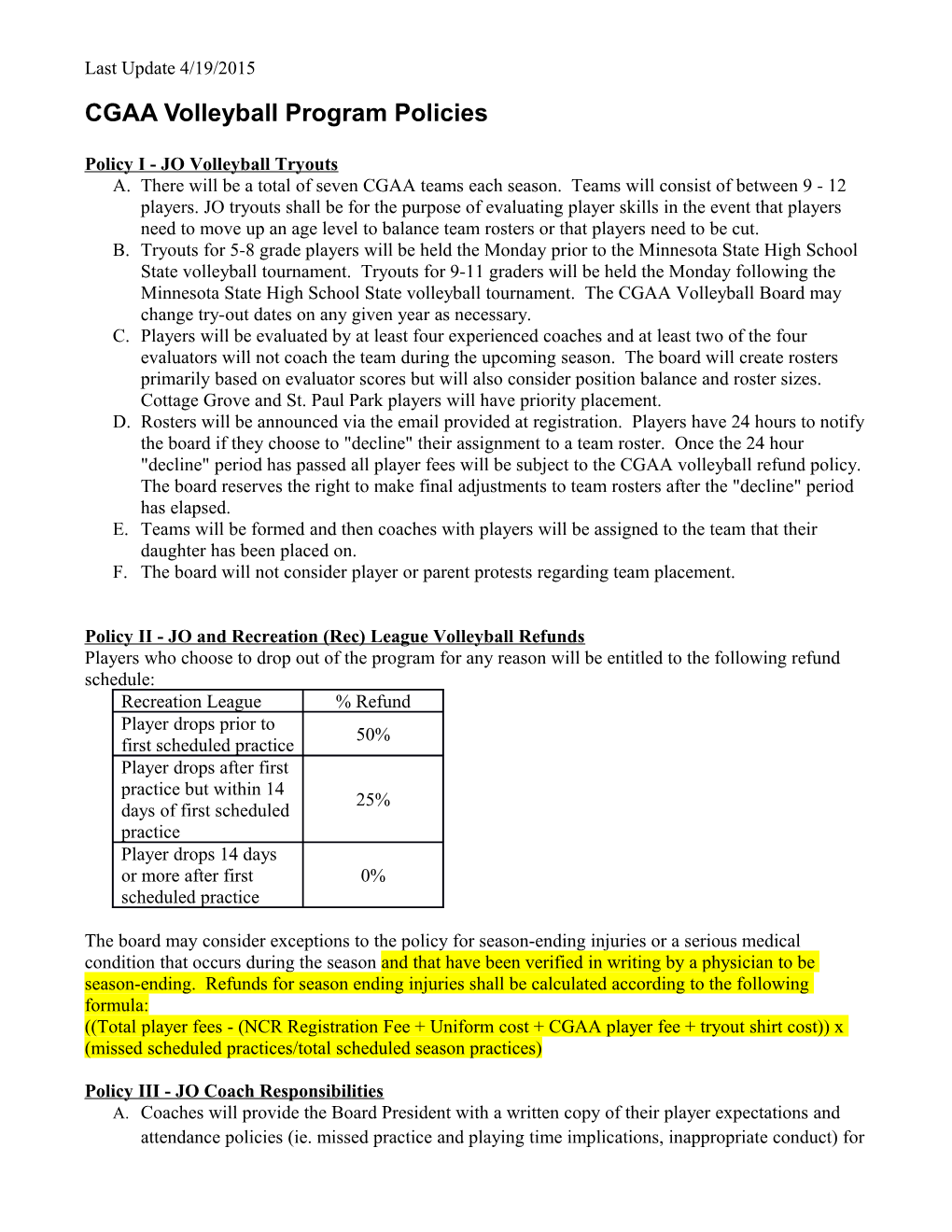 CGAA Volleyball Program Policies