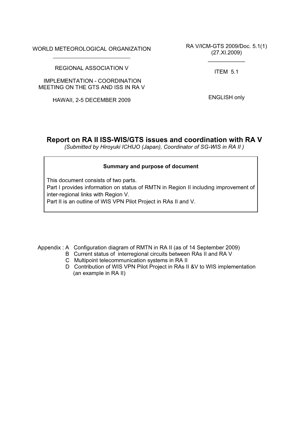 Report on RA II ISS-WIS/GTS Issues and Coordination with RA V