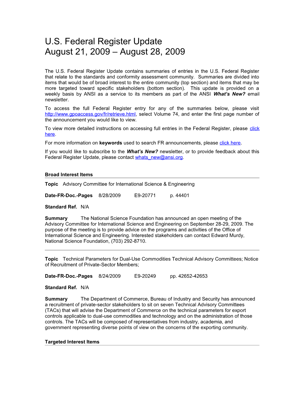 Standards and Trade Related Notices from the U.S. Federal Register, 8.28.09