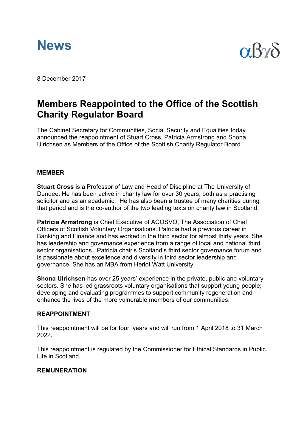 Members Reappointed to the Office of the Scottish Charity Regulator Board