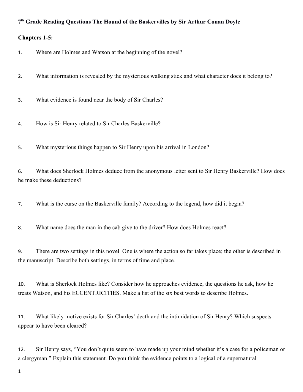 7Th Grade Reading Questions the Hound of the Baskervilles by Sir Arthur Conan Doyle