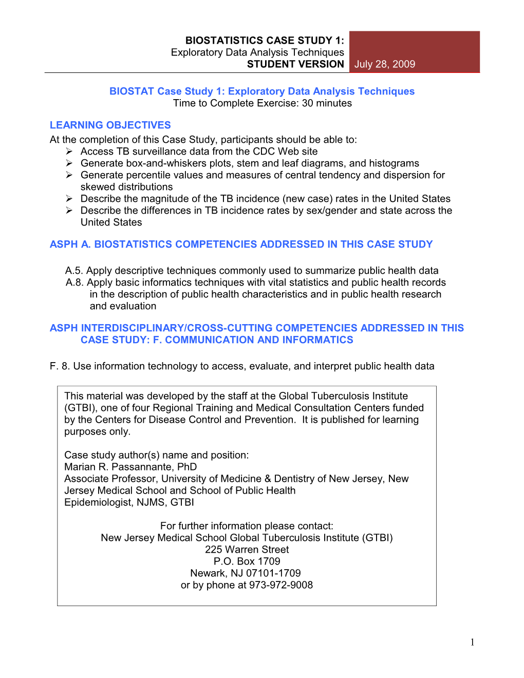 Biostatistics Module I: Instructor Version