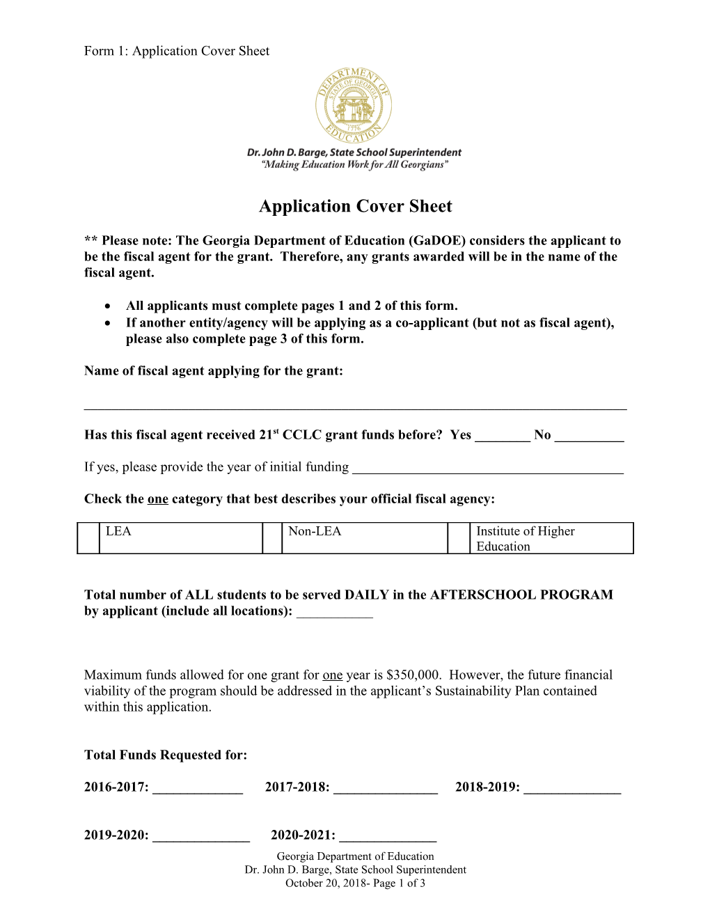 Form 1: Application Cover Sheet