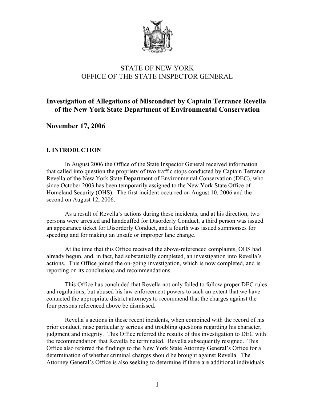 Investigation of Allegations of Misconduct by Captain Terrance Revella