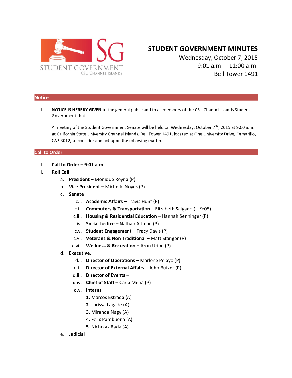 A Meeting of the Student Government Senate Will Be Held on Wednesday, October 7Th , 2015