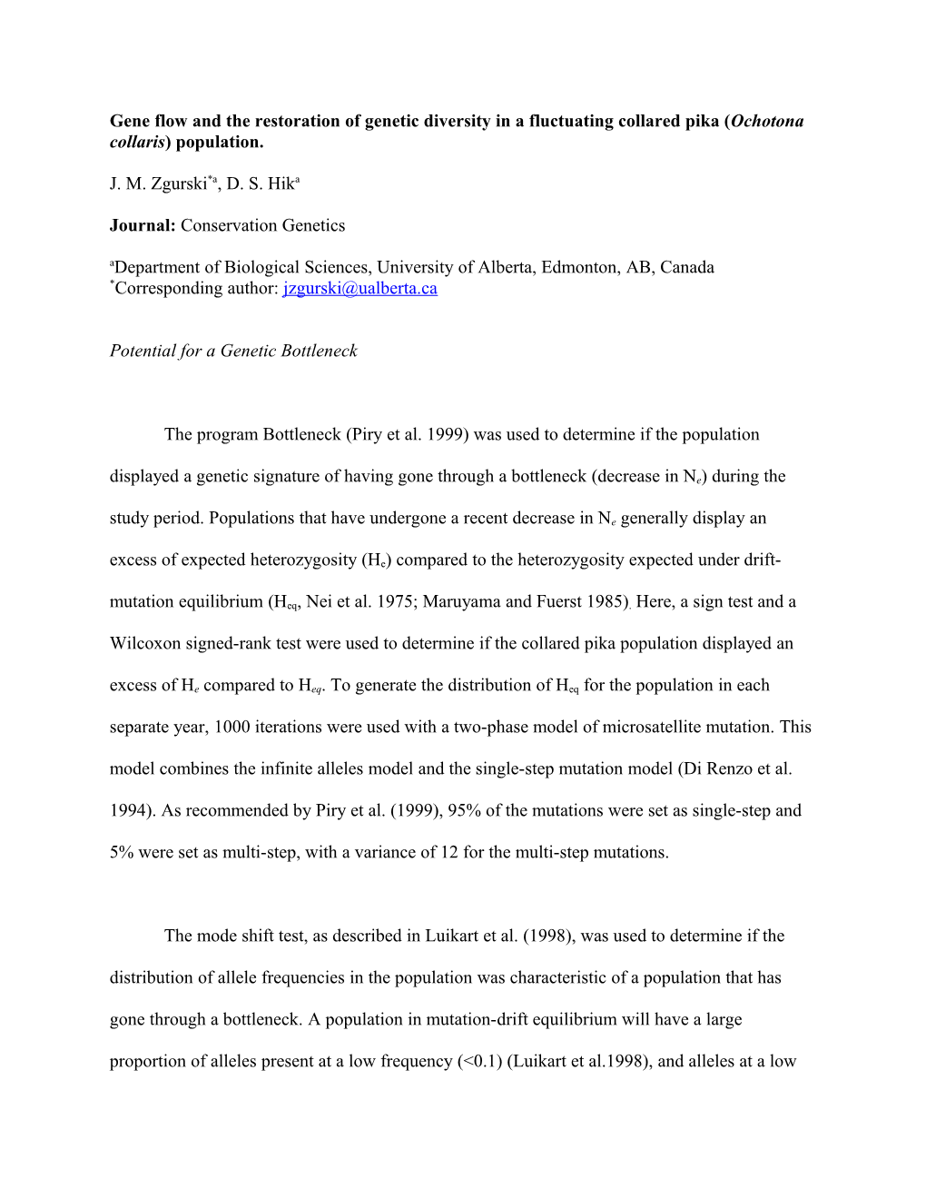 Gene Flow and the Restoration of Genetic Diversity in a Fluctuating Collared Pika (Ochotona