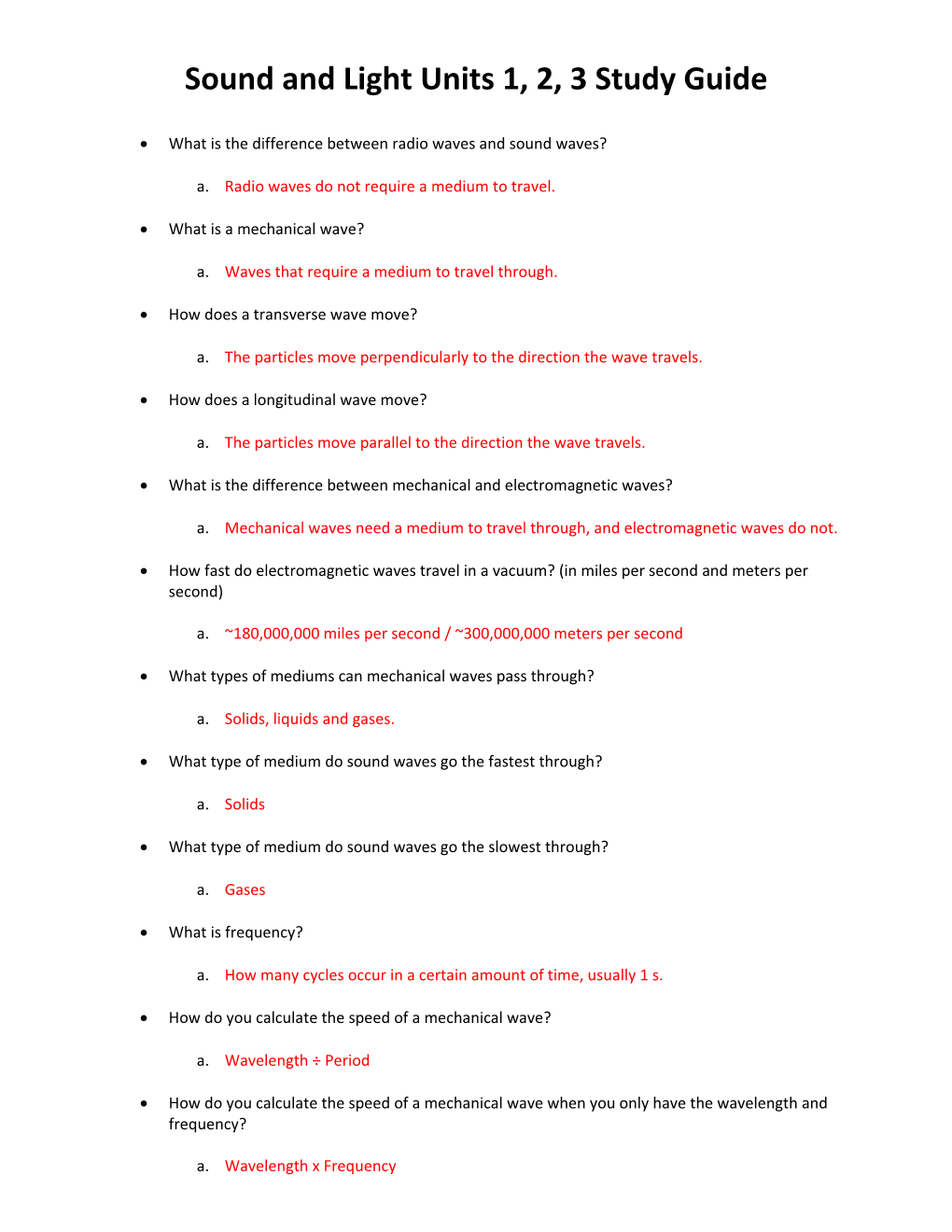 Sound and Light Units 1, 2,3 Study Guide