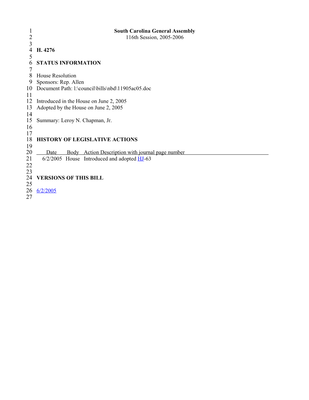 2005-2006 Bill 4276: Leroy N. Chapman, Jr. - South Carolina Legislature Online