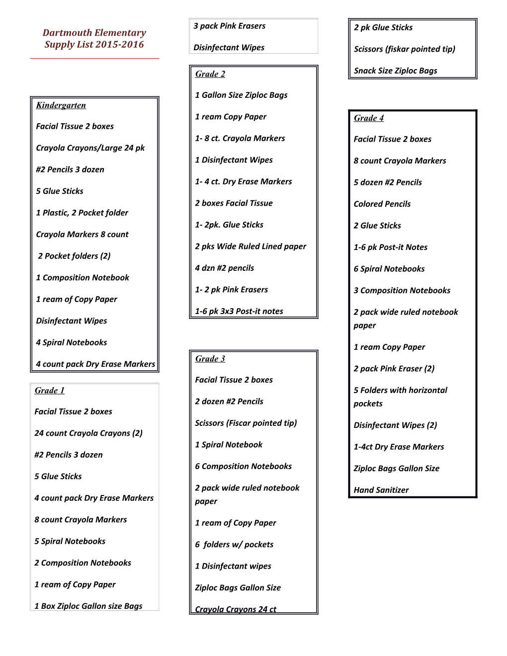 Dartmouth Elementary Supply List 2015-2016