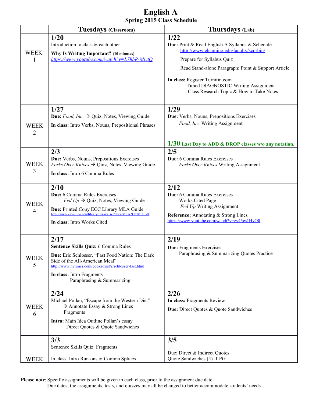 Spring 2015 Class Schedule
