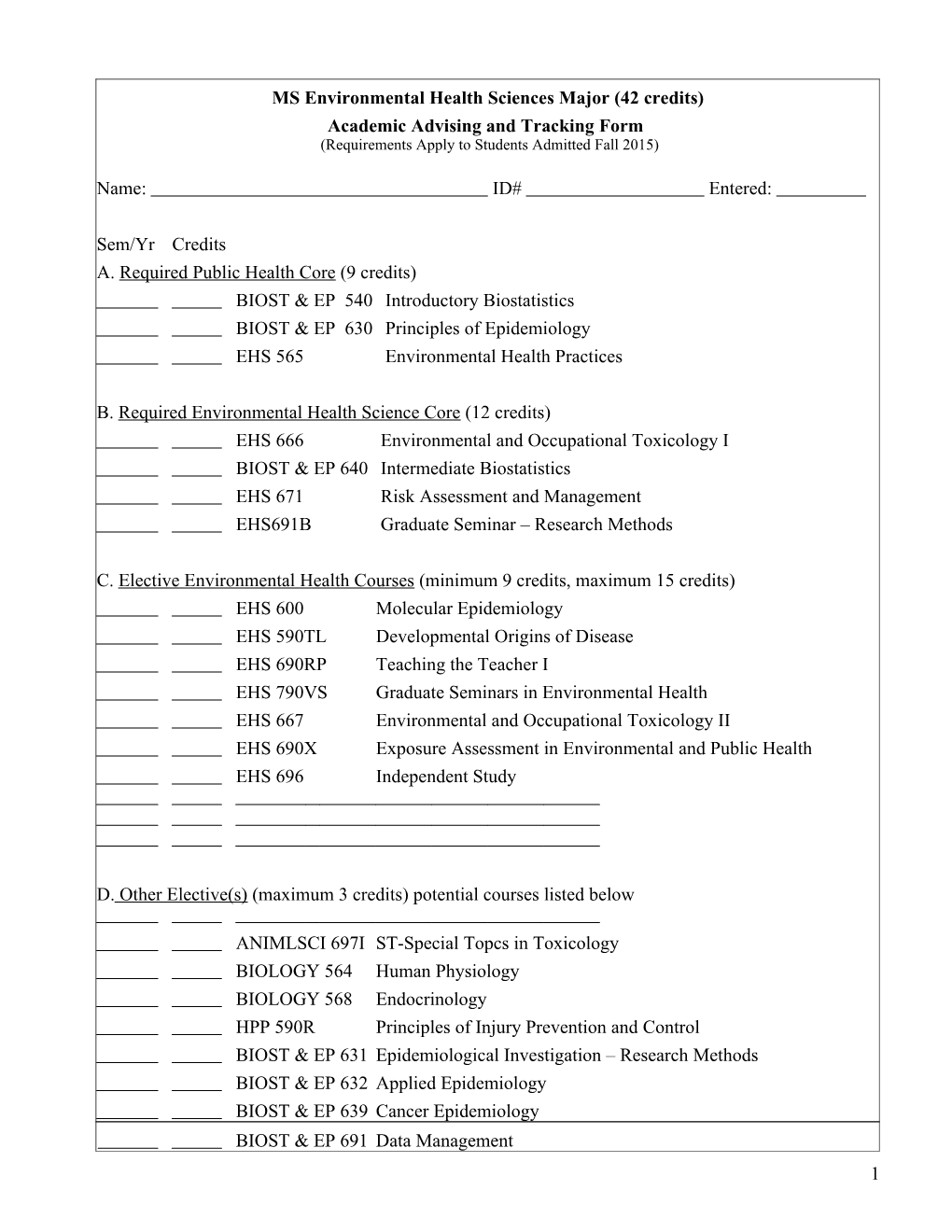 MS Environmental Health Sciences Major (42 Credits)