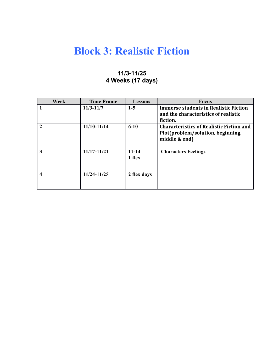 Block 3: Realistic Fiction