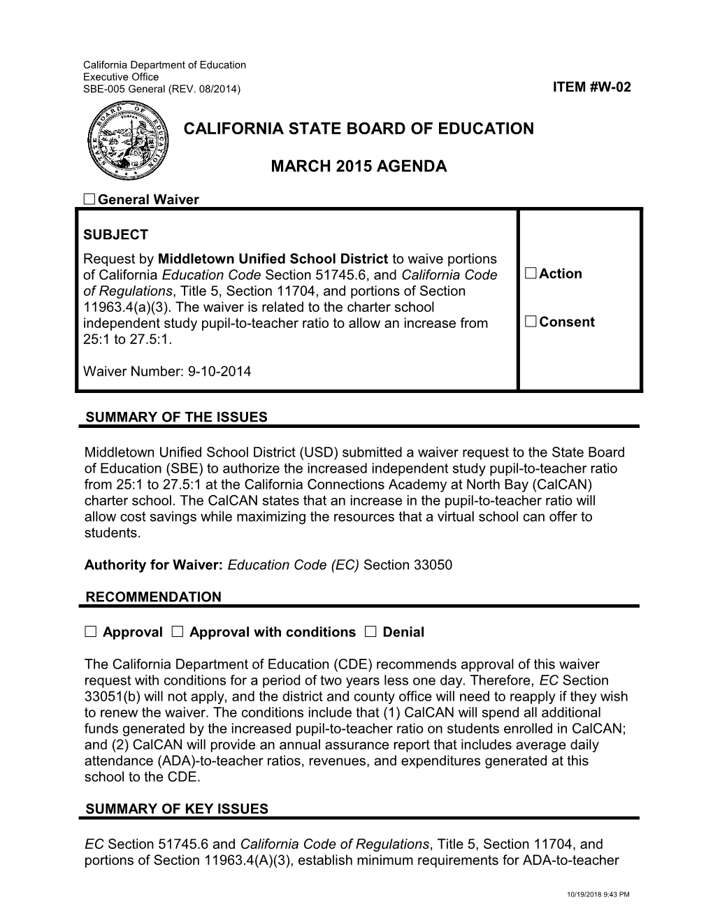 March 2015 Waiver Item W-02 - Meeting Agendas (CA State Board of Education)