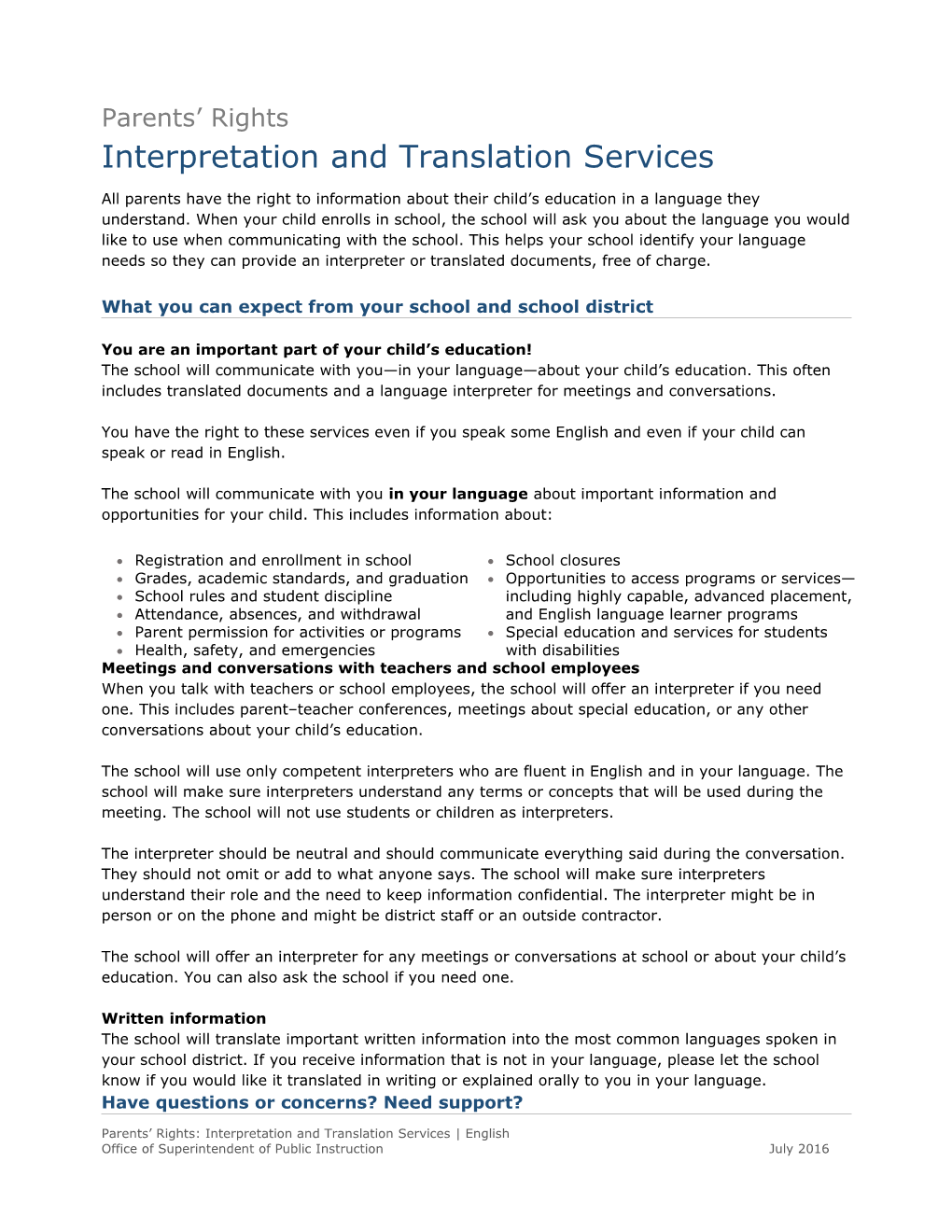 Parents' Rights: Interpretation and Translation Services (English)