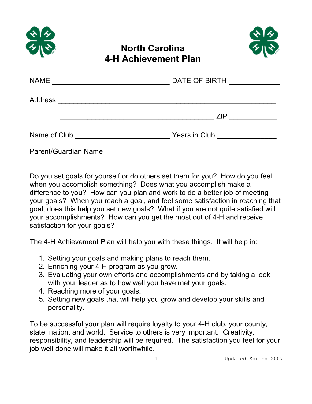 North Carolina 4-H Achievement Plan